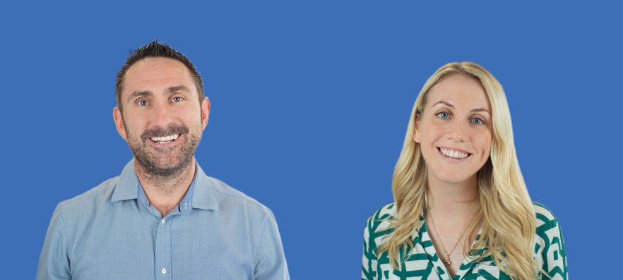 Mr Glynn, Headteacher and Miss Edminson, Deputy Headteacher standing next to each other with smiles against a blue background